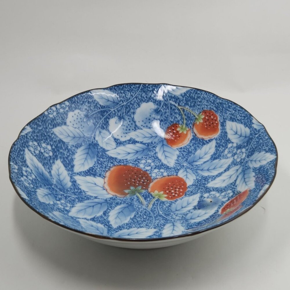 Vintage Andrea by Sadek Bowl Blue Floral Leaf & Strawberry Design - Made in Japa